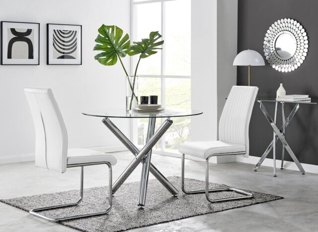FurnitureboxUK Selina Round Glass & Chrome Metal Dining Table & Lorenzo Chairs Set in Off-White - Size: 4 Person - image 1