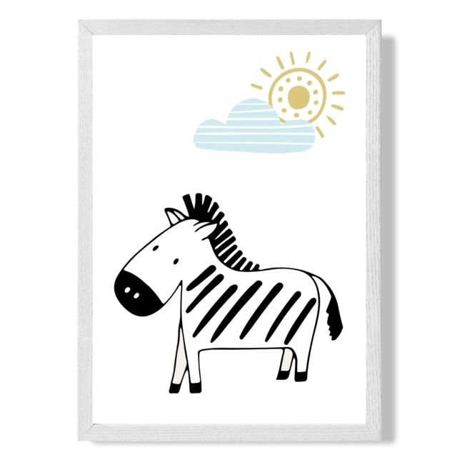 ARTZE Cute Zebra Scandi Animal Framed Print SIZE: A4 with White Frame in Pale Blue - Size: A2 - image 1
