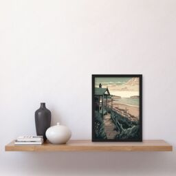 Artery8 Summer Beach House Coastal Landscape Illustration Artwork Framed Wall Art Print A4 in Black - thumbnail 2