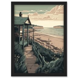 Artery8 Summer Beach House Coastal Landscape Illustration Artwork Framed Wall Art Print A4 in Black - thumbnail 1