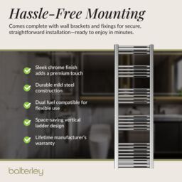 Balterley Straight Heated Towel Rail Radiator, 353W, 400 x 1600mm, Chrome in Silver - thumbnail 4