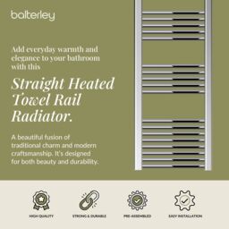 Balterley Straight Heated Towel Rail Radiator, 353W, 400 x 1600mm, Chrome in Silver - thumbnail 2