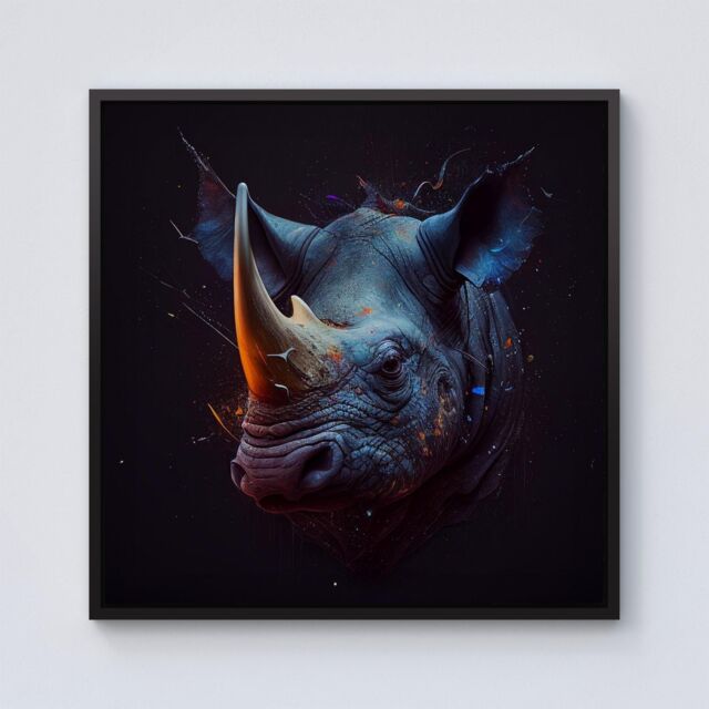 Warren Reed - Designer Rhino Face Splashart Framed Canvas in Black - Size: w10 inch x h10 inch - image 1