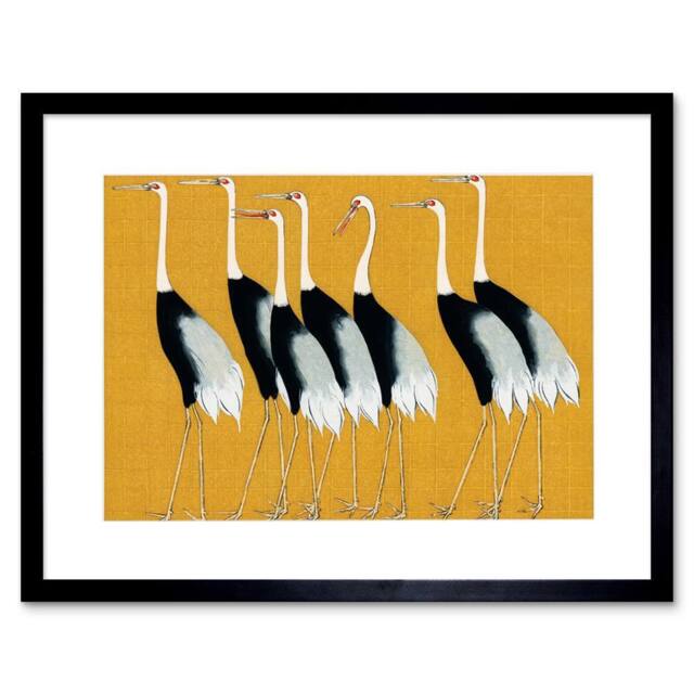 "Wee Blue Coo Herons Cranes Flock Birds Ogata Korin Monochrome Mustard Framed Art in Yellow - Size: W12"" x H16""" - image 1