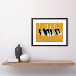 "Wee Blue Coo Herons Cranes Flock Birds Ogata Korin Monochrome Mustard Framed Art in Yellow - Size: W12"" x H16""" - thumbnail 2