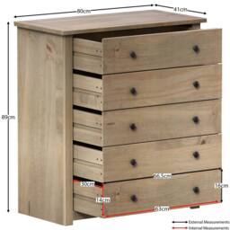 HD Designs Panama Solid Pine 5 Drawer Chest Storage Bedroom Furniture in Brown - thumbnail 3