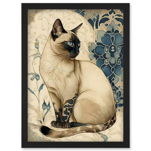 Artery8 Siamese Cat with Blue Flower Pattern Modern Art Nouveau Watercolour Illustration Artwork Framed Wall Art Print A4 in Black - image 1
