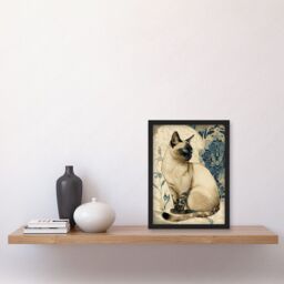 Artery8 Siamese Cat with Blue Flower Pattern Modern Art Nouveau Watercolour Illustration Artwork Framed Wall Art Print A4 in Black - thumbnail 2