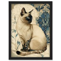 Artery8 Siamese Cat with Blue Flower Pattern Modern Art Nouveau Watercolour Illustration Artwork Framed Wall Art Print A4 in Black - thumbnail 1