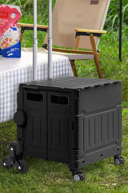 H&O Direct 75L Folding Shopping Cart Plastic Stairs Climbing Trolley Cart in Black - image 1