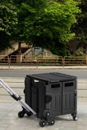 H&O Direct 75L Folding Shopping Cart Plastic Stairs Climbing Trolley Cart in Black - thumbnail 2