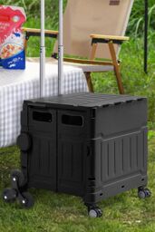 H&O Direct 75L Folding Shopping Cart Plastic Stairs Climbing Trolley Cart in Black