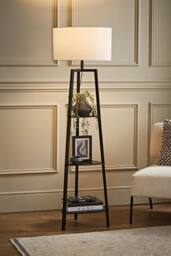 ValueLights Hiru Black 3 Tier Wooden Shelf Floor Lamp with Large Drum Shade in White