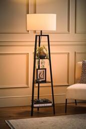 ValueLights Hiru Black 3 Tier Wooden Shelf Floor Lamp with Large Drum Shade in White - thumbnail 2