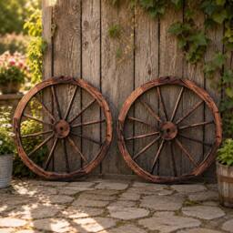 Gr8 Garden Set of 2 76cm Rustic Wooden Garden Wagon Wheels in Brown - thumbnail 1