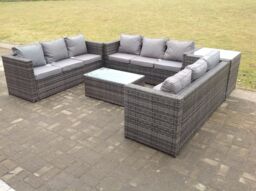 Fimous Outdoor Rattan Garden Furniture Lounge Sofa Set With Oblong Coffee Table & Side Tall High Table in Dark Grey - thumbnail 2