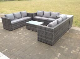 Fimous Outdoor Rattan Garden Furniture Lounge Sofa Set With Oblong Coffee Table & Side Tall High Table in Dark Grey - thumbnail 3