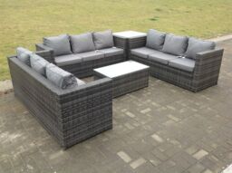 Fimous Outdoor Rattan Garden Furniture Lounge Sofa Set With Oblong Coffee Table & Side Tall High Table in Dark Grey - thumbnail 1