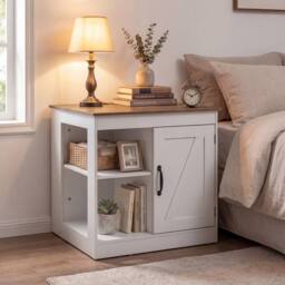Costway Farmhouse Nightstand w/Charging Station Wooden Bedside Table End Table in White - thumbnail 5