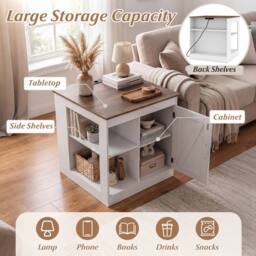 Costway Farmhouse Nightstand w/Charging Station Wooden Bedside Table End Table in White - thumbnail 7