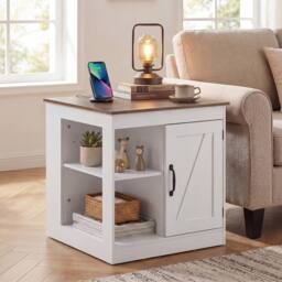 Costway Farmhouse Nightstand w/Charging Station Wooden Bedside Table End Table in White - thumbnail 3