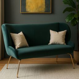 Orsina Green 2 Seat Sofa with Gold Metal Legs, Curved Backrest Upholstered Fabric Couch, Modern Two Seater Sofa