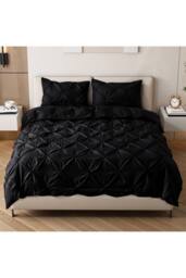 Living and Home Textured Pinch Pleat Duvet Cover Set 3 Pcs with Pillowcases in Black - Size: King - thumbnail 2