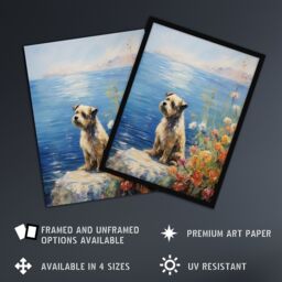 Artery8 Border Terrier On Coastal Cliff Claude Monet Style Dog Oil Painting Art Print Framed Poster Wall Decor in Black - Size: A4 - thumbnail 2
