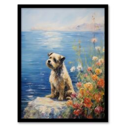 Artery8 Border Terrier On Coastal Cliff Claude Monet Style Dog Oil Painting Art Print Framed Poster Wall Decor in Black - Size: A4 - thumbnail 1