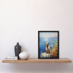 Artery8 Border Terrier On Coastal Cliff Claude Monet Style Dog Oil Painting Art Print Framed Poster Wall Decor in Black - Size: A4 - thumbnail 4