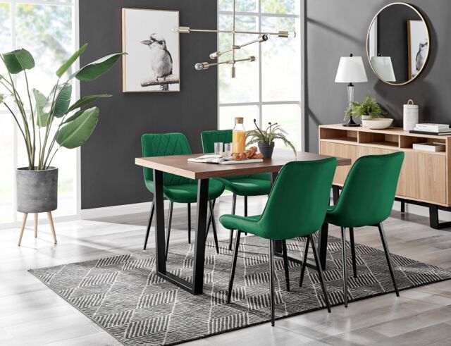 FurnitureboxUK Kylo Brown Wood Effect Dining Table With Black 'U' Legs & 4 Pesaro Velvet Chairs in Green - image 1