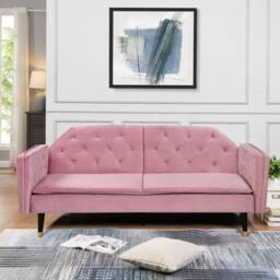 Comfy Living Ltd Plush Velvet Tufted Sofa Bed In Various Colours With Black & Gold Legs in Pink - thumbnail 1