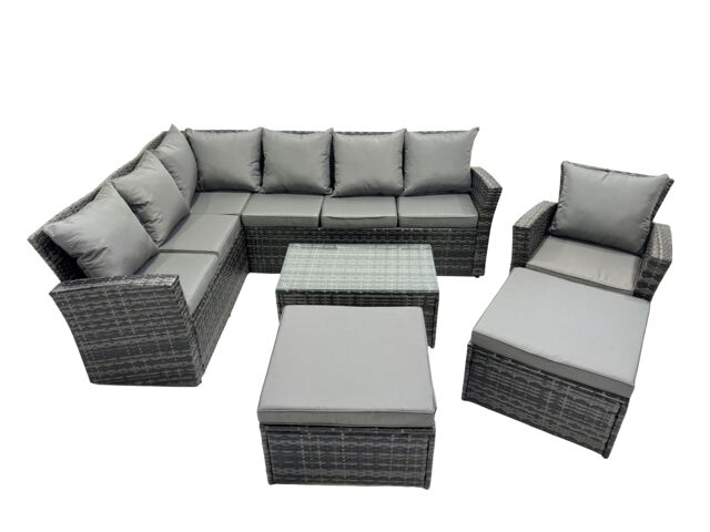 Fimous 9 Seat Rattan High Back Corner Sofa Set with 2 Big Stools in Dark Grey - image 1