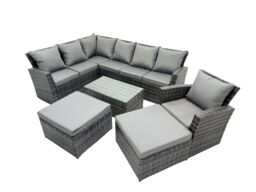 Fimous 9 Seat Rattan High Back Corner Sofa Set with 2 Big Stools in Dark Grey - thumbnail 2