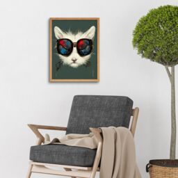 "Artery8 Wall Art Print White Cat Head With Aviator Sunglasses Painting Art Framed in Light Oak - Size: W12"" x H16""" - thumbnail 2