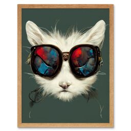 "Artery8 Wall Art Print White Cat Head With Aviator Sunglasses Painting Art Framed in Light Oak - Size: W12"" x H16""" - thumbnail 1