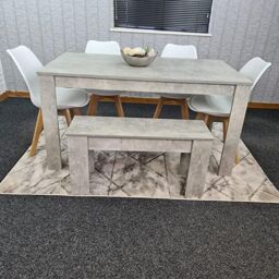 KOSY KOALA Stone Grey Effect Wood Dining Table Set with Bench & 4 White Plastic Chairs Modern Dining Room Furniture in Brown - thumbnail 5