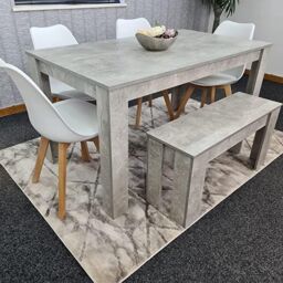 KOSY KOALA Stone Grey Effect Wood Dining Table Set with Bench & 4 White Plastic Chairs Modern Dining Room Furniture in Brown - thumbnail 3