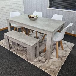 KOSY KOALA Stone Grey Effect Wood Dining Table Set with Bench & 4 White Plastic Chairs Modern Dining Room Furniture in Brown - thumbnail 6