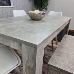 KOSY KOALA Stone Grey Effect Wood Dining Table Set with Bench & 4 White Plastic Chairs Modern Dining Room Furniture in Brown - thumbnail 4