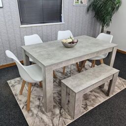KOSY KOALA Stone Grey Effect Wood Dining Table Set with Bench & 4 White Plastic Chairs Modern Dining Room Furniture in Brown - thumbnail 2