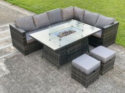 Fimous Outdoor Rattan Garden Corner Furniture Gas Fire Pit Table Sets Gas Heater Small Footstools 8 Seater in Dark Grey - thumbnail 3