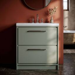 Balterley Modern Bathroom 2 Soft Close Drawer Floor Fireclay Basin, Green, 800mm in Green - thumbnail 3