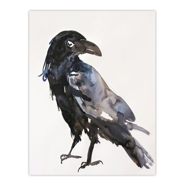 "Artery8 A Single Raven Bird Bright Watercolour Painting Wall Art Print in Black - Size: W24"" x H32""" - image 1
