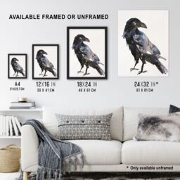 "Artery8 A Single Raven Bird Bright Watercolour Painting Wall Art Print in Black - Size: W24"" x H32""" - thumbnail 3