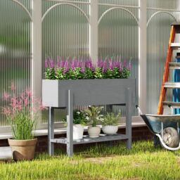 OUTSUNNY Wooden Raised Bed w/ Bed Liner, Storage Shelf, Grey