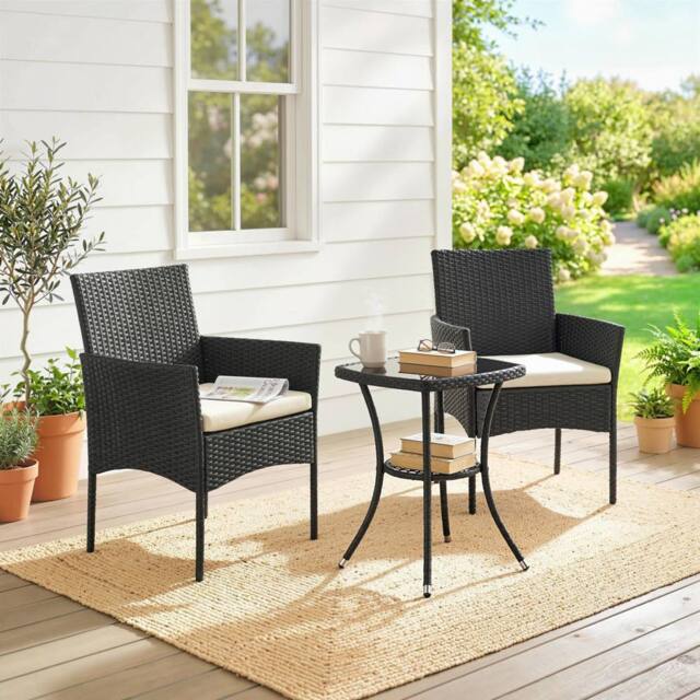 OUTSUNNY 3 Piece Rattan Bistro Set with 2 Tier Glass-Top Table, Chairs in Black - image 1