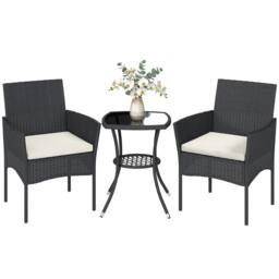 OUTSUNNY 3 Piece Rattan Bistro Set with 2 Tier Glass-Top Table, Chairs in Black - thumbnail 2