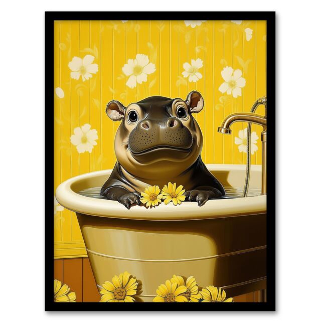 "Artery8 Cute Pygmy Hippo Bath Time Yellow Daisy Bathroom Framed Art Print - Size: W12"" x H16""" - image 1