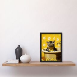 "Artery8 Cute Pygmy Hippo Bath Time Yellow Daisy Bathroom Framed Art Print - Size: W12"" x H16""" - thumbnail 4